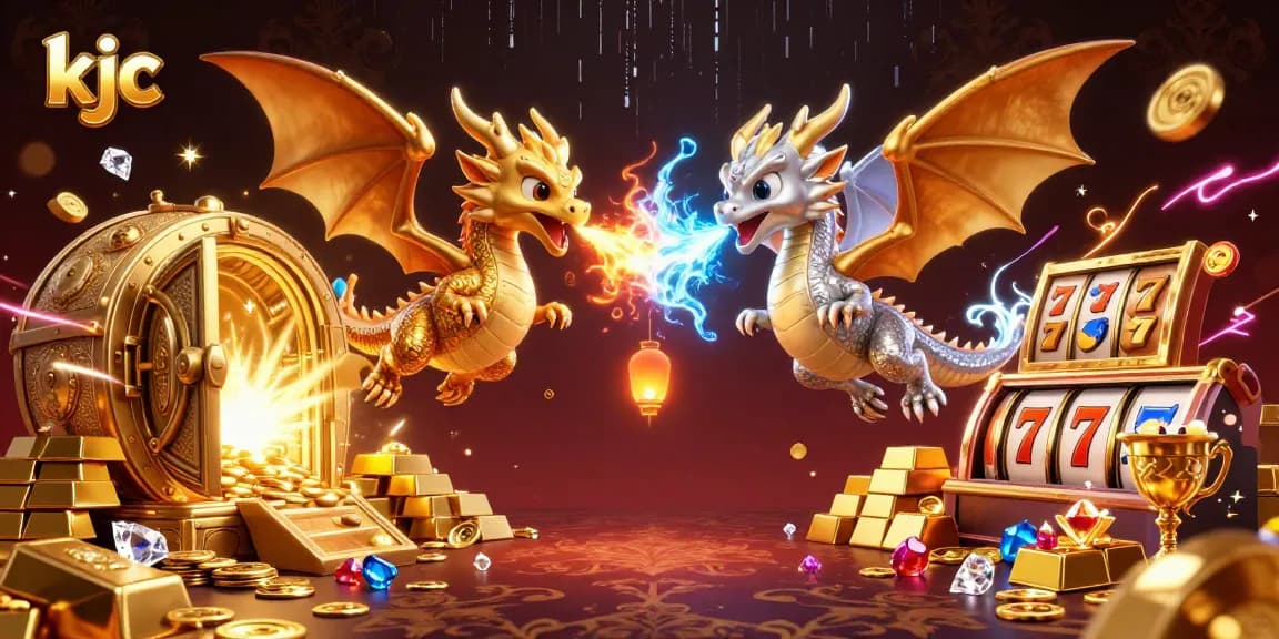 Experience thrilling gameplay with KJC's gold and silver dragons amidst riches in a vibrant casino scene.