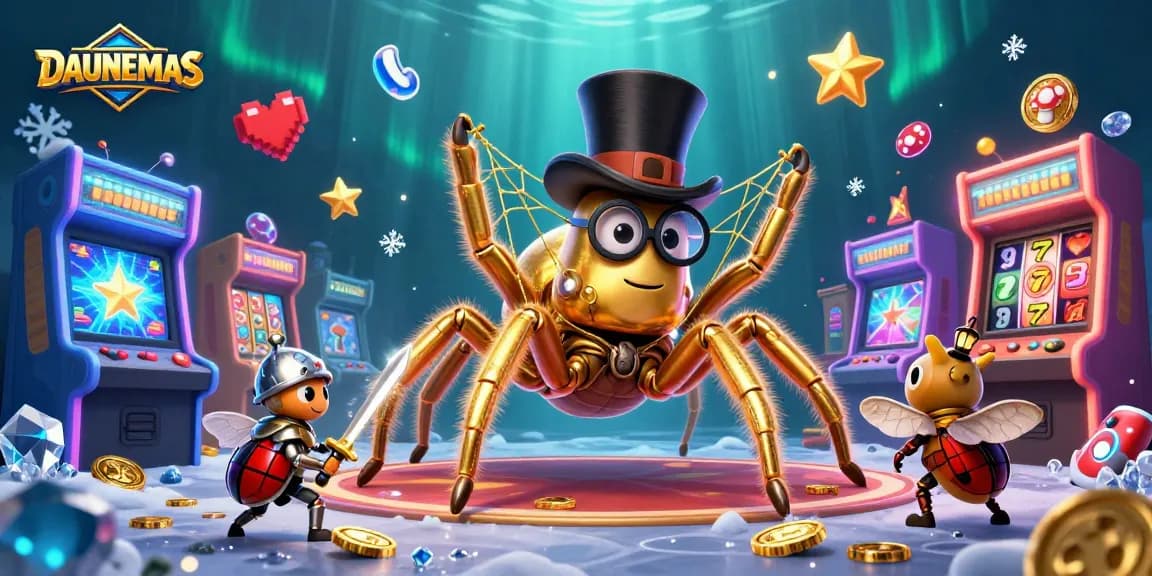 Experience thrilling gameplay with DAUNEMAS as a giant tarantula spins a golden thread among casino elements.