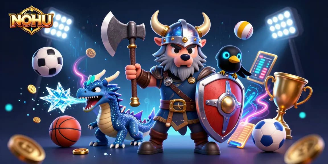 Engage with the NOHU betting scene featuring Viking warrior and fierce dragon amidst dynamic sports elements.