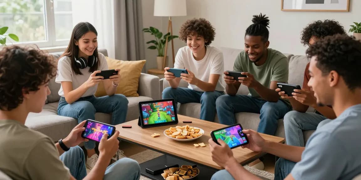 Exciting Zowin gaming experience with players enjoying mobile games in a cozy living room atmosphere.