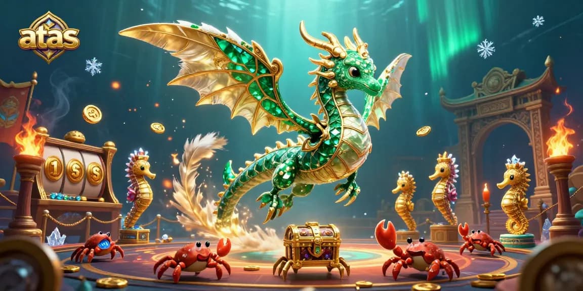 Experience the thrill of gambling at atas with a dazzling underwater casino scene featuring a sea dragon, jackpot elements, and shimmering treasures.