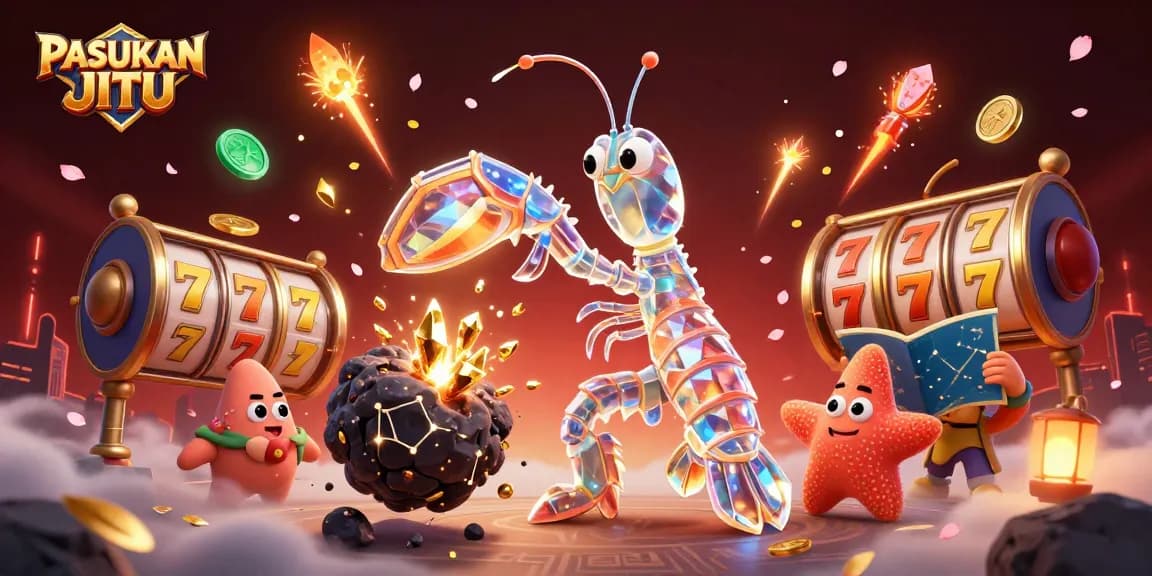 Experience PASUKAN JITU with an exciting illustration featuring vibrant slot reels and dynamic casino elements.