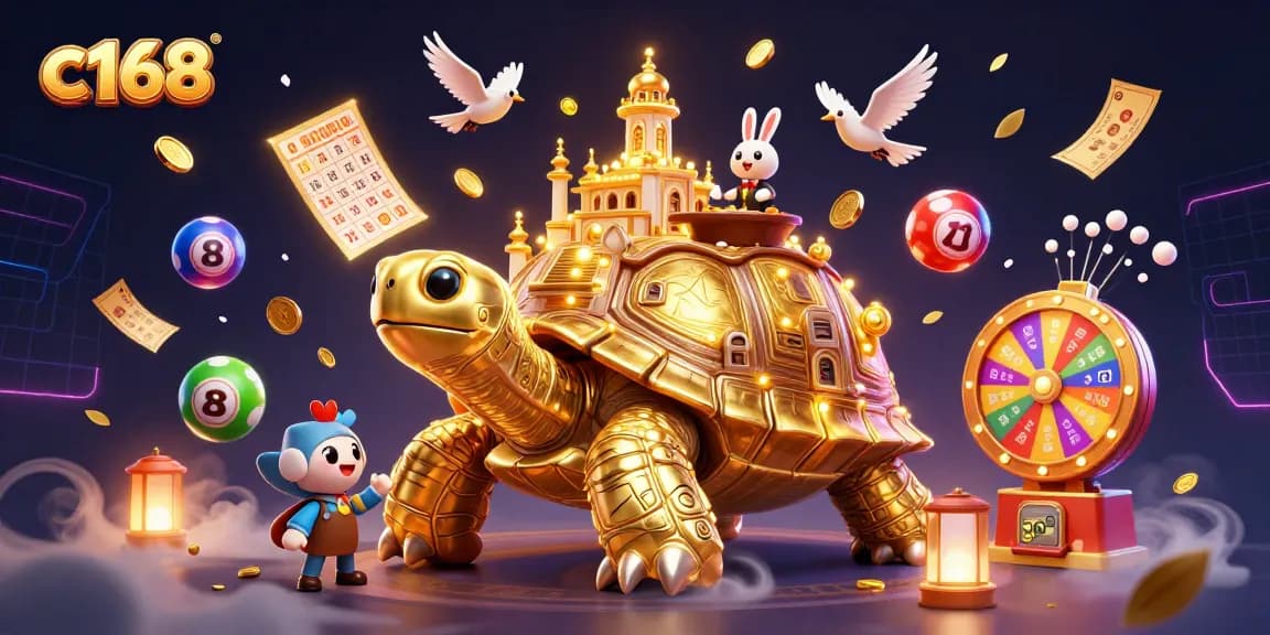 Experience exciting gaming at c168 with a dynamic illustration featuring vibrant lottery elements and a golden tortoise.