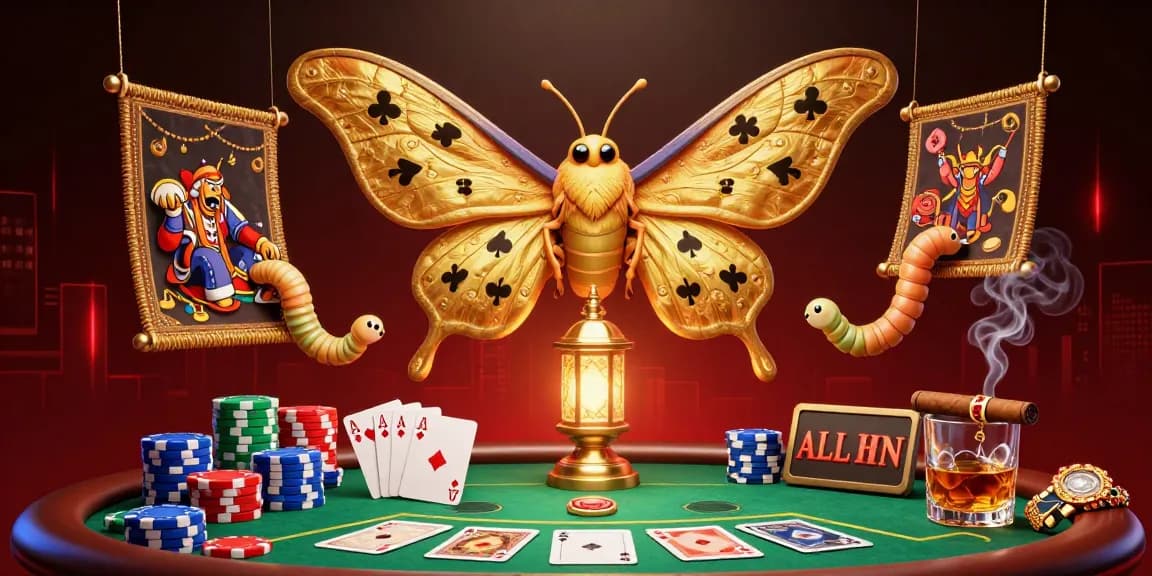 Engage with F8BET's vibrant illustration showcasing a majestic moth at a poker table with colorful chips.