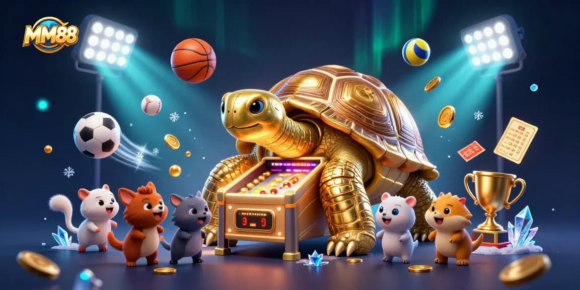 Engage in dynamic betting with MM88 featuring a golden tortoise and sports elements.
