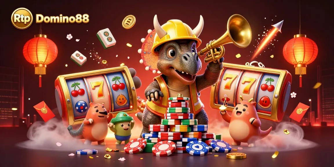 Experience Rtp Domino88 with vibrant slot reels and festive casino vibes in a dynamic scene.