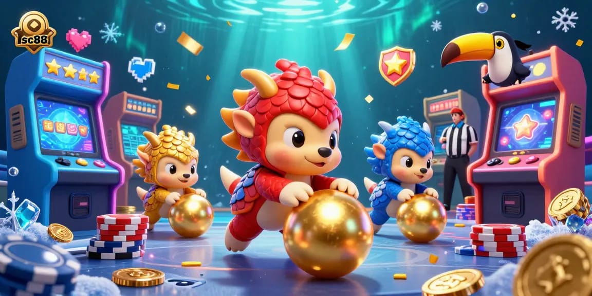 Engage with sc88 in a vibrant 3D casino scene featuring rival pangolins, poker chips, and arcade elements.