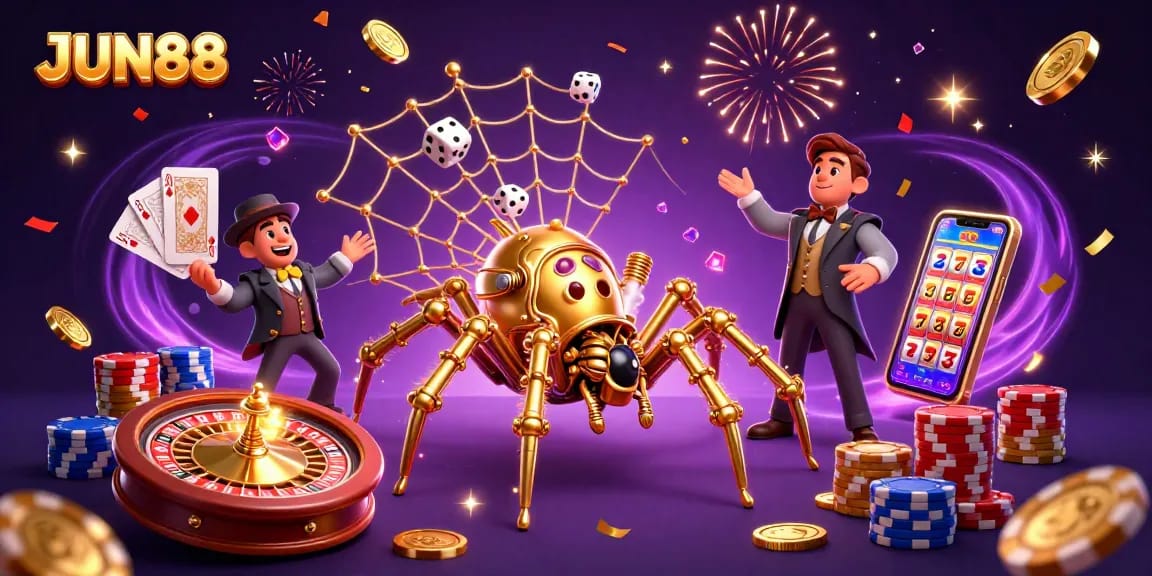 Experience winning with JUN88 in a vibrant, dynamic casino scene filled with games and excitement.