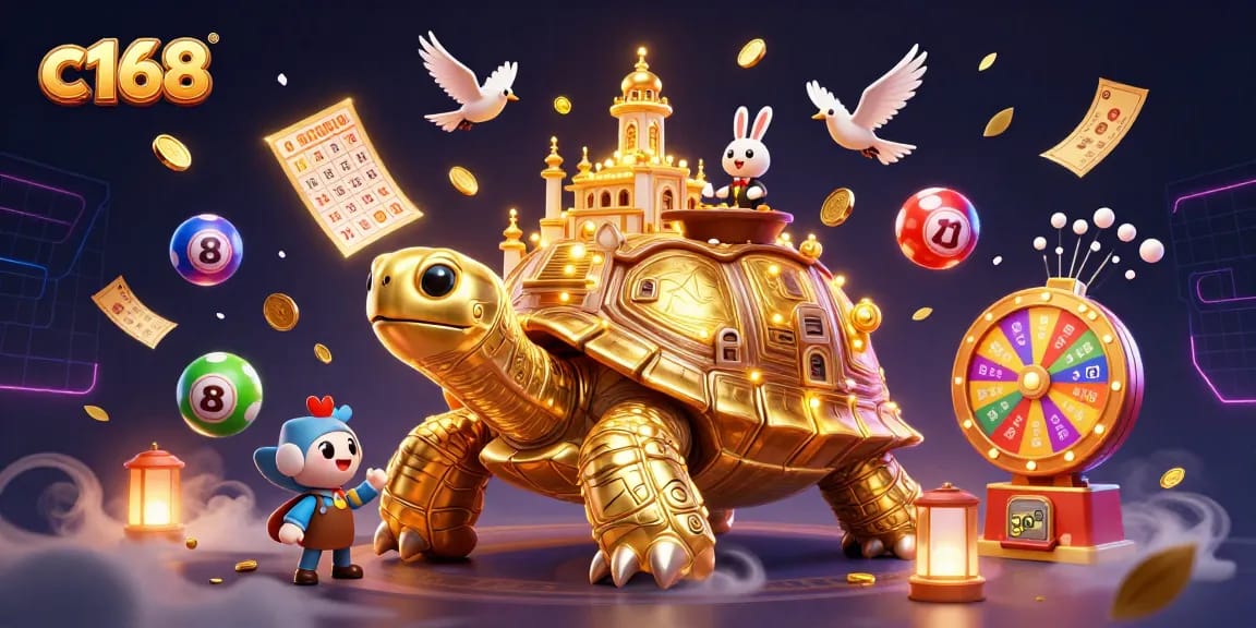 Experience exciting gaming at c168 with a dynamic illustration featuring vibrant lottery elements and a golden tortoise.