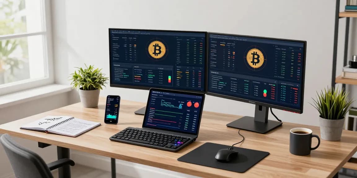 Play exchange in a professional cryptocurrency workspace with trading charts and digital wallet apps.