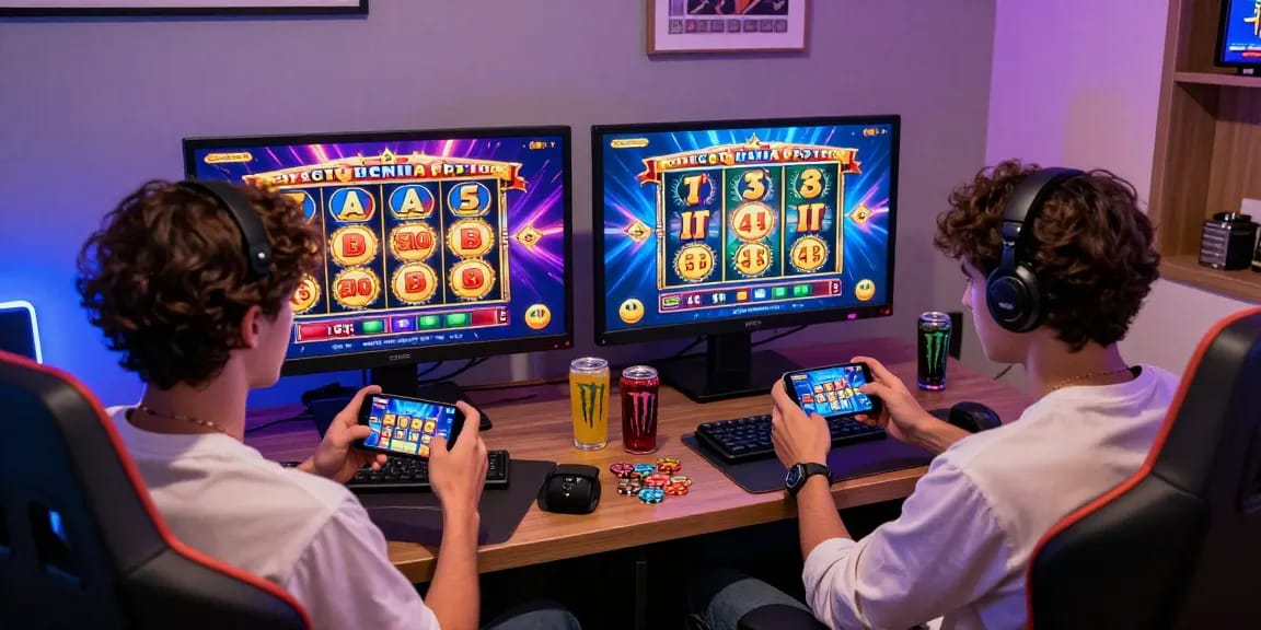 Exciting players enjoying deposit tanpa minimal slot games on mobile devices with colorful graphics.