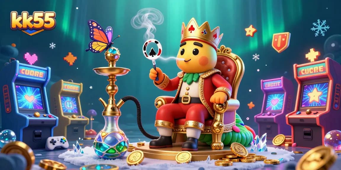 Engage with kk55's vibrant casino atmosphere featuring a cartoon caterpillar in a golden throne.