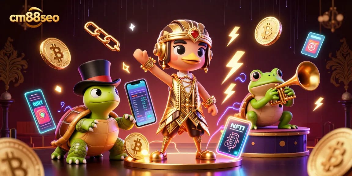 Experience thrilling gaming dynamics with cm88seo's vibrant casino representation of fun characters and crypto elements.