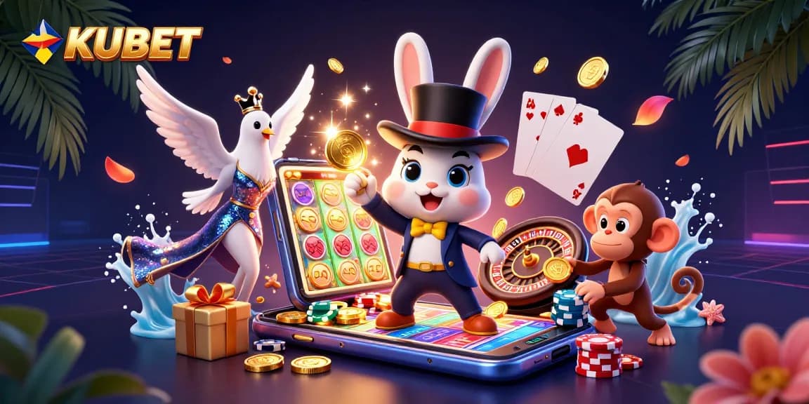 KUBET showcases a vibrant 3D illustration of a magician rabbit, assistant dove, and monkey, surrounded by casino games and exciting imagery.