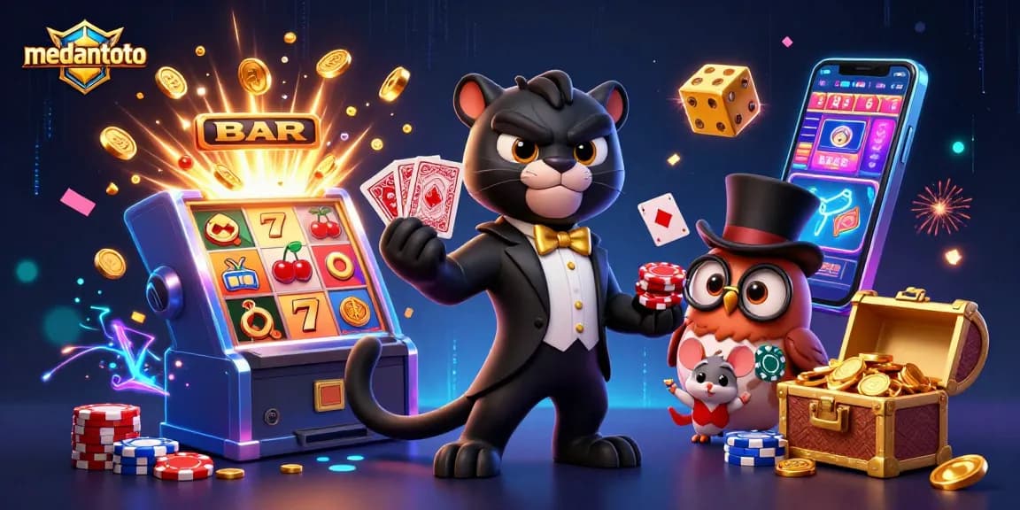 Medantoto menawarkan pengalaman judi yang menarik dengan slot machine dan karakter 3D unik.