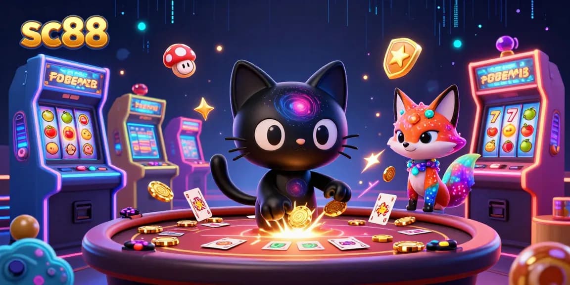 Experience excitement at sc88 with a cosmic casino scene featuring a black hole cat and colorful fox.