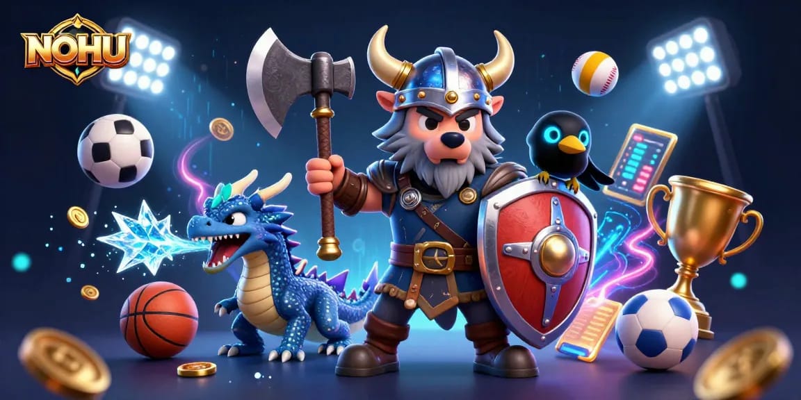Engage with the NOHU betting scene featuring Viking warrior and fierce dragon amidst dynamic sports elements.