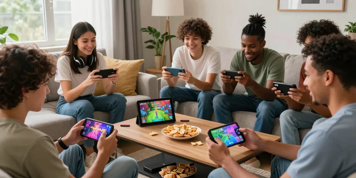 Exciting Zowin gaming experience with players enjoying mobile games in a cozy living room atmosphere.