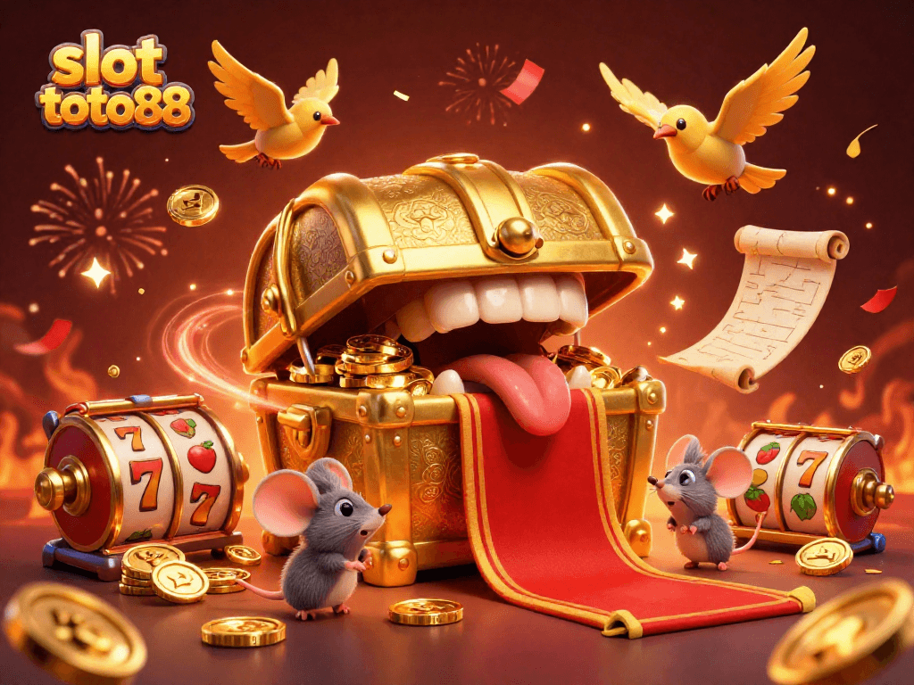 Experience thrilling wins with slot toto88, featuring vibrant scenes of golden treasures and festive gambling elements.
