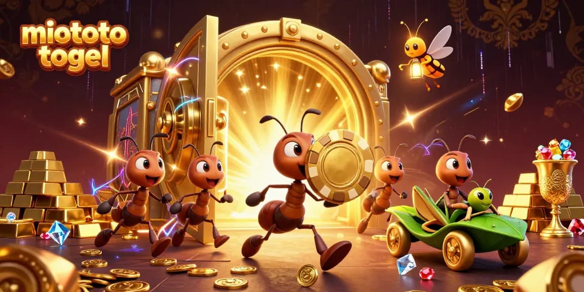 Experience thrilling miototo togel adventures with a team of cartoon ants in a vibrant heist scene.