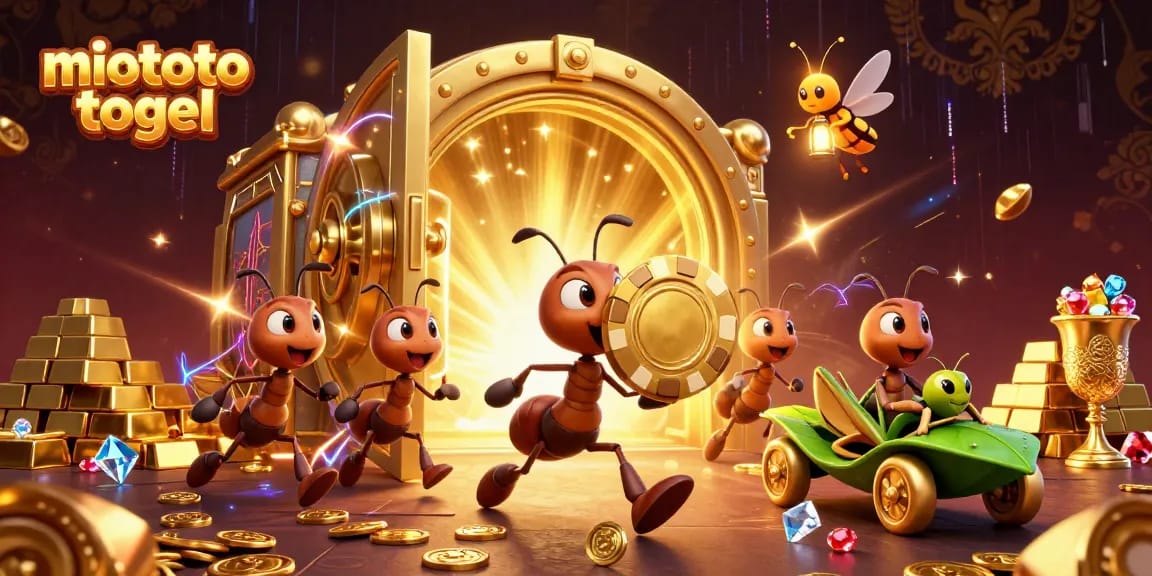 Experience thrilling miototo togel adventures with a team of cartoon ants in a vibrant heist scene.