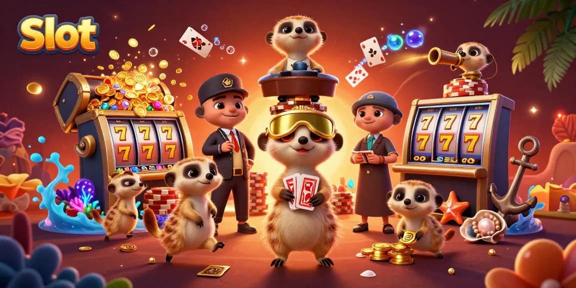 Slot jackpot menampilkan koloni meerkat bermain di kasino dengan simbol keberuntungan dan koin