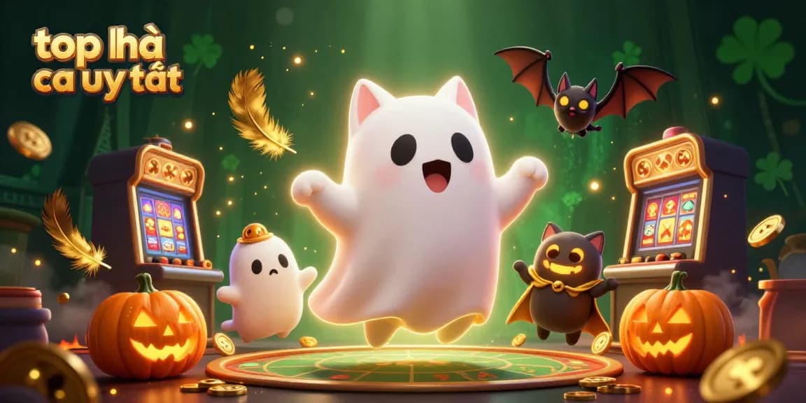 Engaging scene showcasing the top nhà cái uy tín in a haunted casino with a friendly ghost cat and vampire bat.