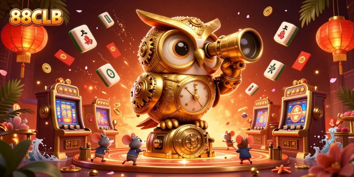 88CLB’s golden owl overseeing a bustling casino scene filled with festive elements.