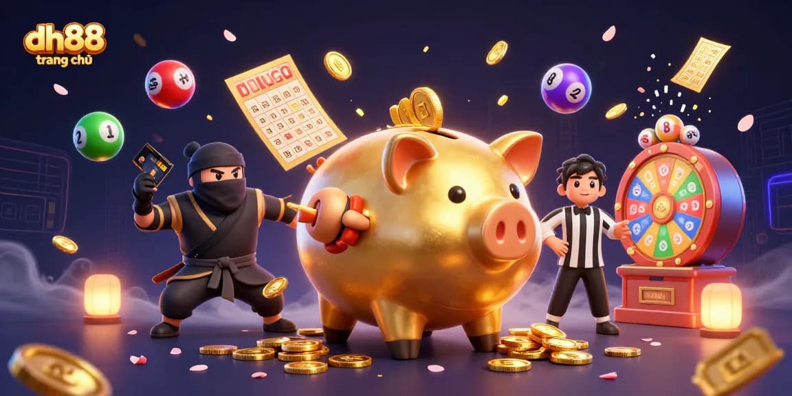 Experience thrilling gameplay at dh88 trang chủ with energetic cartoon illustration depicting a golden piggy bank sumo wrestler and friends.