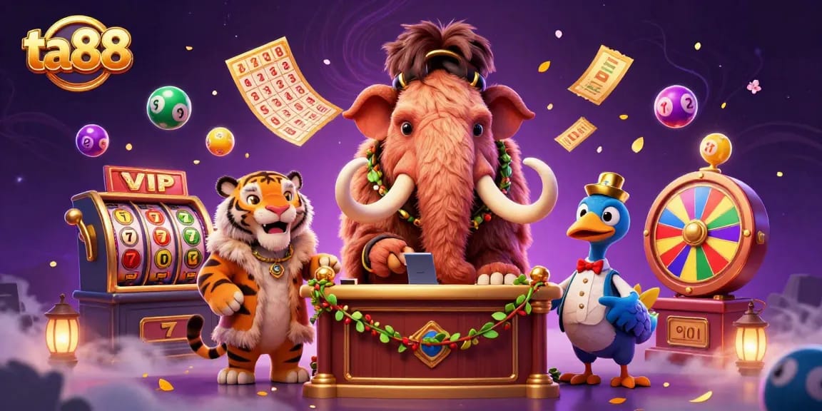 Engage in gaming thrills at ta88 with a lively casino scene featuring fun characters and exciting elements.