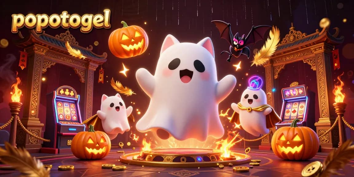 Engage with the popotogel experience in a vibrant casino scene featuring a ghost cat and bat.