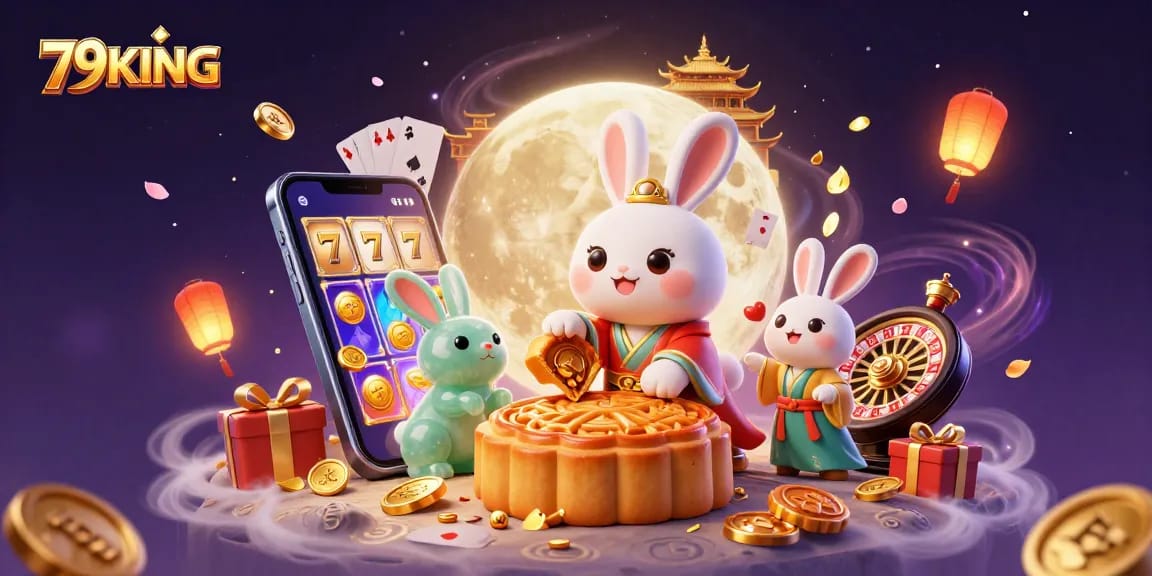 Experience thrilling moments with 79KING as a moon rabbit unveils poker chips and slot games.