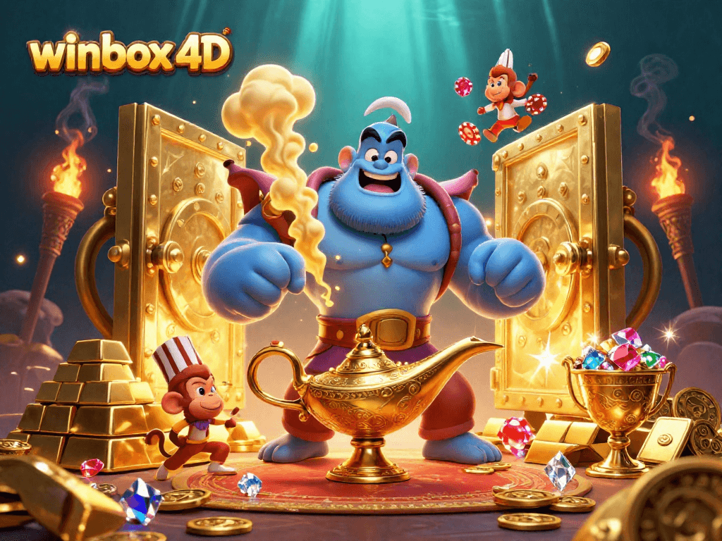 Experience winbox 4d with a lavish 3D cartoon scene filled with treasure and a friendly genie.