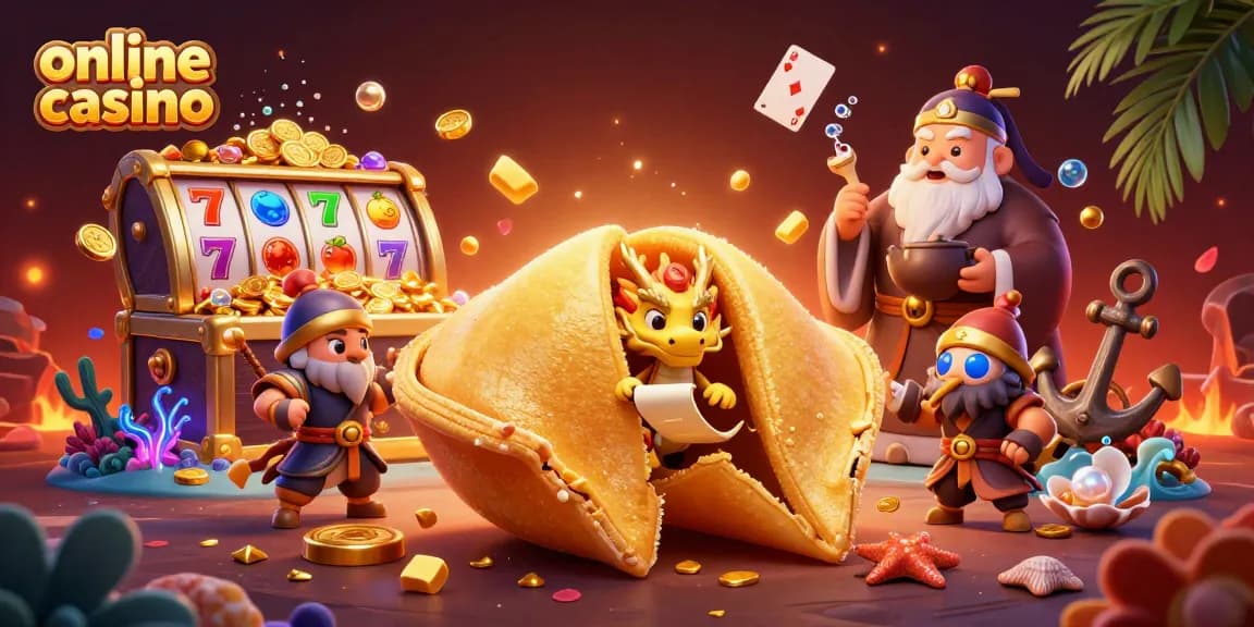 Engage in the online casino experience with colorful elements featuring a dragon and fortune cookie.