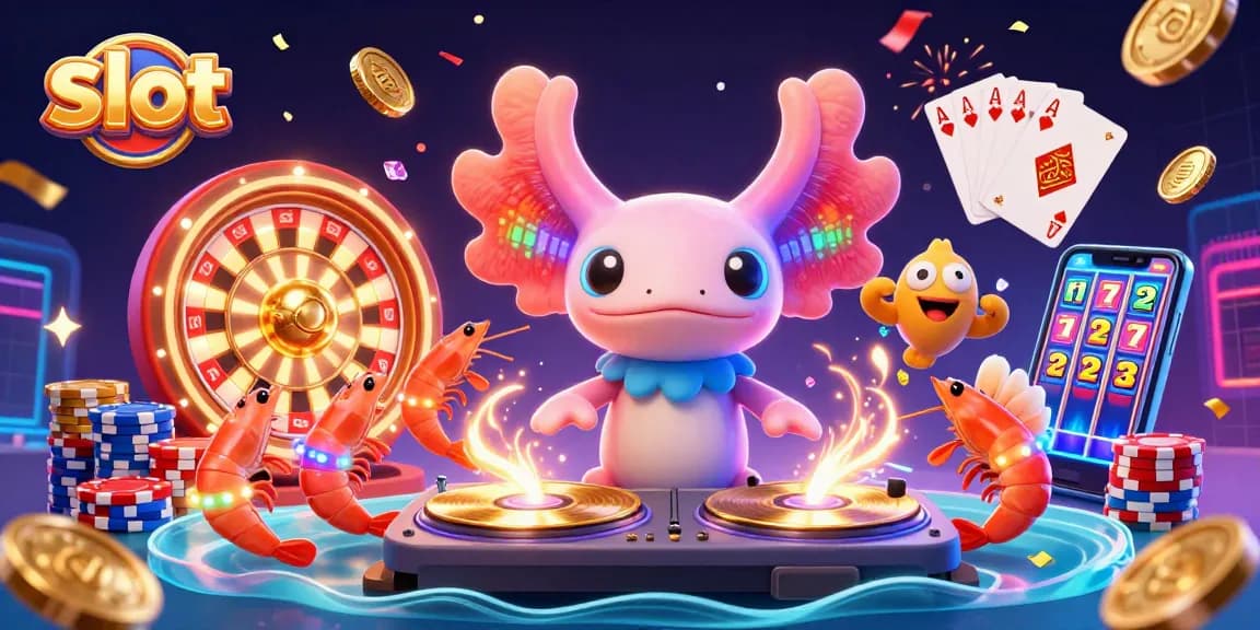 Experience exciting slot action with vivid characters and dynamic casino elements like coins, chips, and cards.