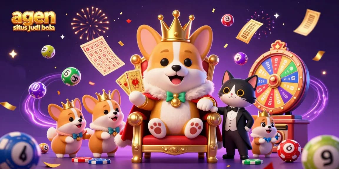 Experience the excitement of agen situs judi bola with a lively scene of a royal corgi throne, surrounded by games and celebration.
