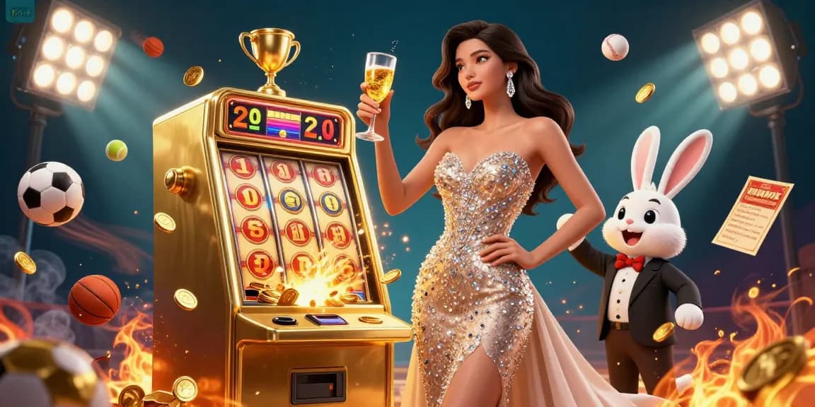 hi88 showcases a stunning woman toasting beside a golden jackpot slot machine amidst dynamic sports elements.