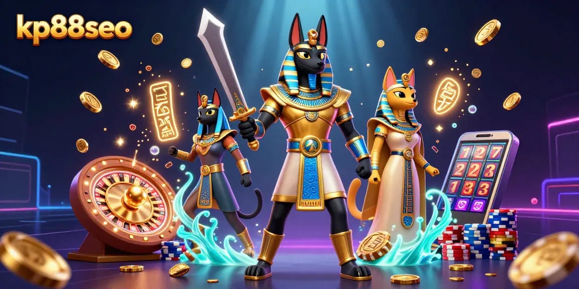 Engage in thrilling gameplay at kp88seo with Anubis and Bastet surrounded by dynamic casino elements.