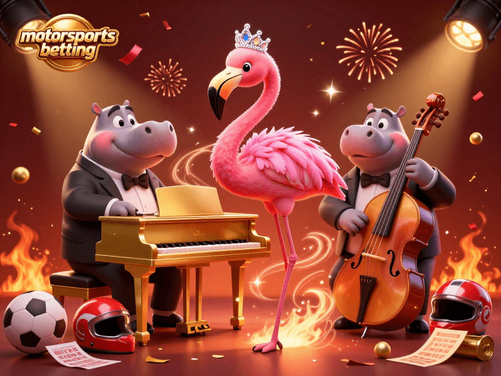 Engage in motorsports betting with a vibrant 3D casino scene showcasing thrilling elements and characters.
