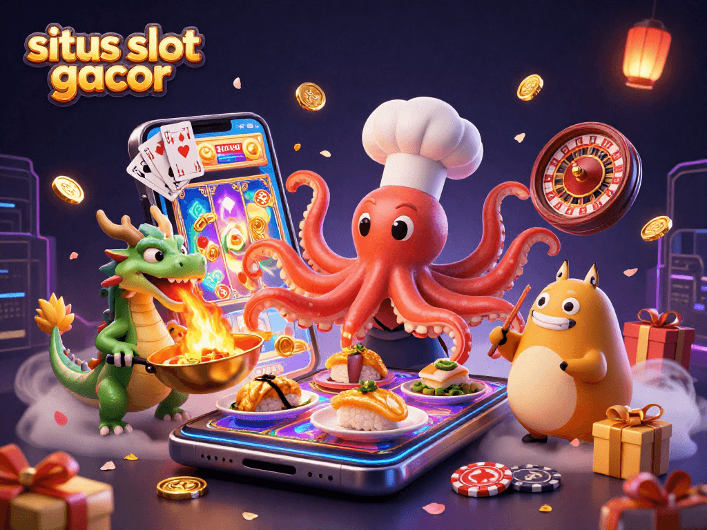 Situs slot gacor showcases a vibrant 3D illustration of gaming excitement with a lucky octopus chef and dragon companion.