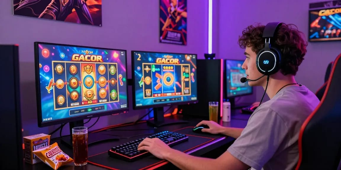 Pemain terlibat dalam permainan slot gacor dengan grafik mengesankan di komputer gaming modern, dikelilingi aksesori gaming dan suasana yang dinamis.