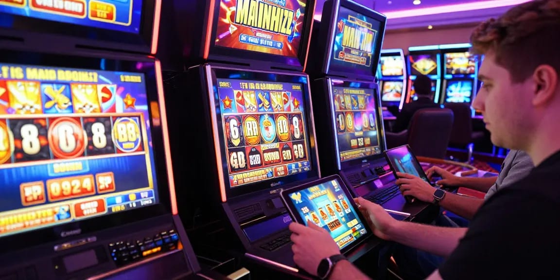 Players engaging with non UK slot sites on various devices, showcasing excitement and vibrant graphics.