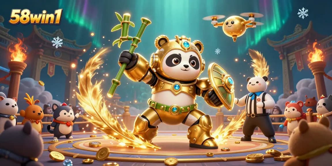 Engage with 58win1 in a vibrant casino scene featuring a mech-suit panda and exciting gambling elements.
