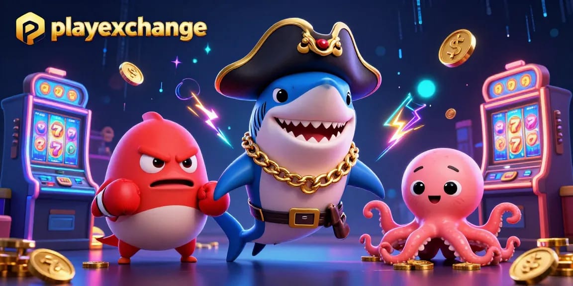 Playexchange offers thrilling casino games featuring a shark, pufferfish, and octopus celebrating big wins.