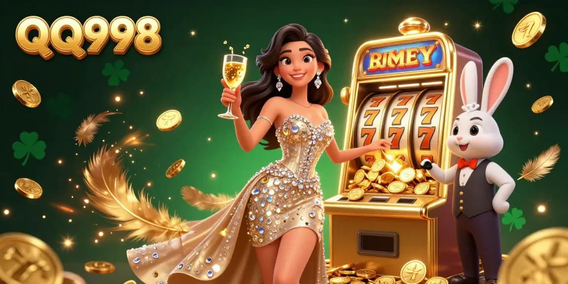 Experience exciting wins at QQ998 with a stunning illustration featuring a jackpot slot machine and celebratory atmosphere.
