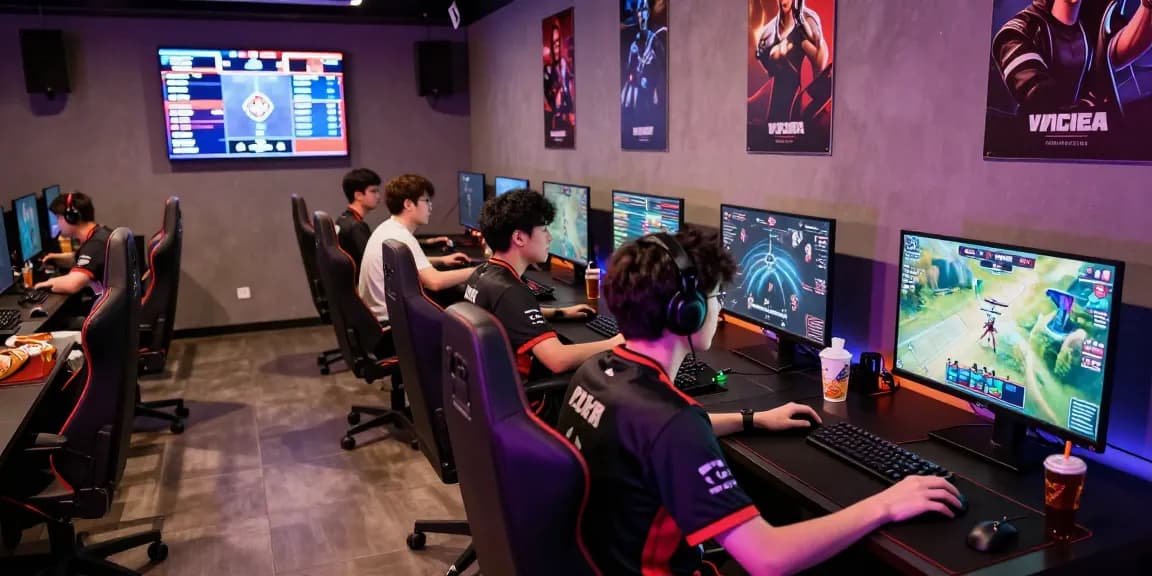 Hit club scene featuring gamers intensely competing in a vibrant esports lounge.