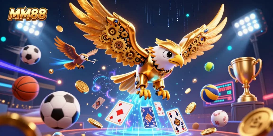 Engage with MM88's thrilling casino features in this vibrant 3D illustration showcasing dynamic gaming elements.