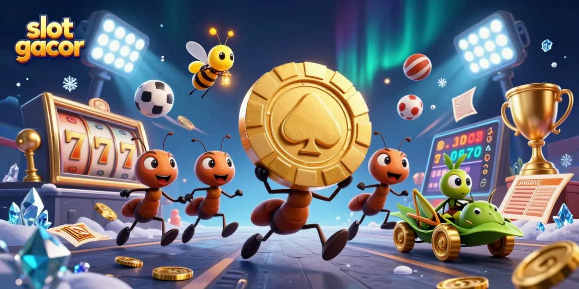 Menangkan slot gacor dengan tim semut yang membawa chip poker emas dalam ilustrasi 3D yang dinamis.