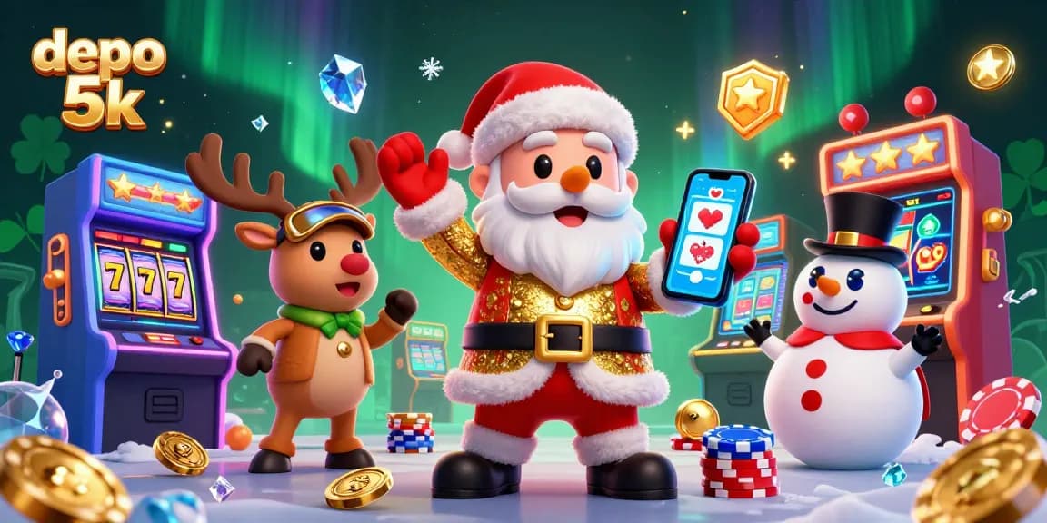 Memenangkan jackpot dengan depo 5k di situs slot gacor terbaik, gambar kartun Santa Claus dan teman-temannya.