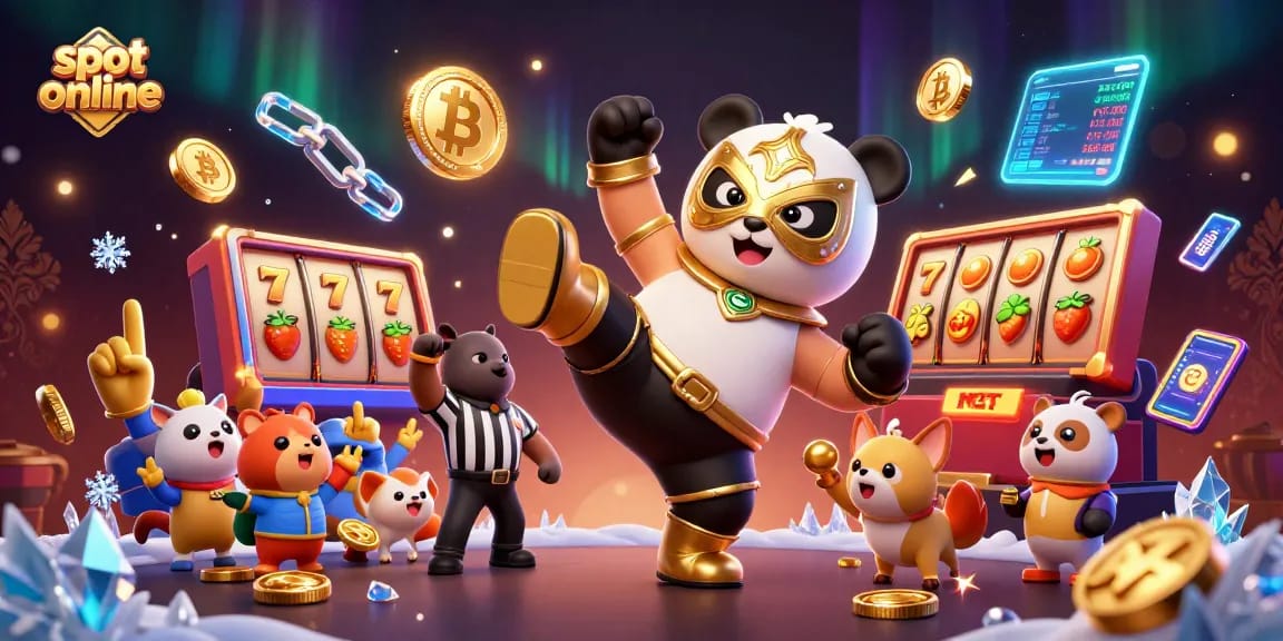 Engage with exciting slot online action; a panda wrestler ignites the gaming arena with vibrant visuals and crypto elements.